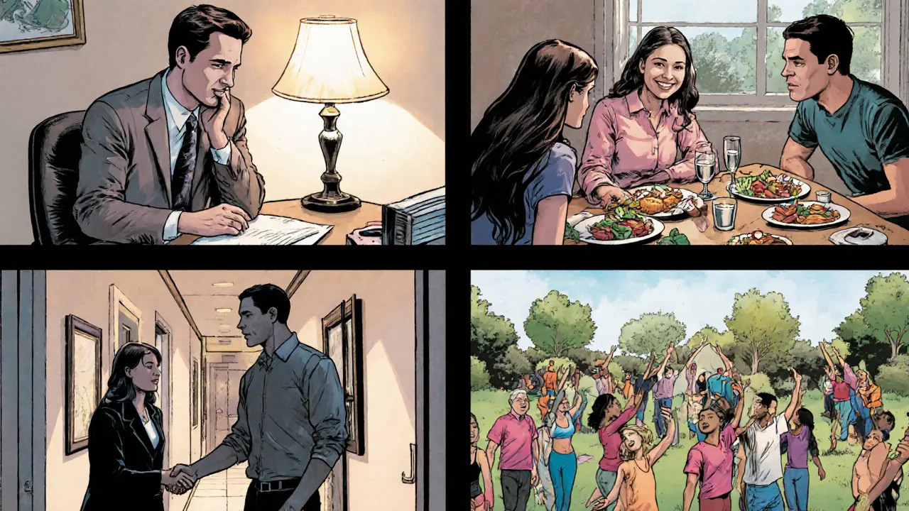 Čtyři panely: psycholog, rodinná večeře, peer mentor a skupinová sportovní aktivita.