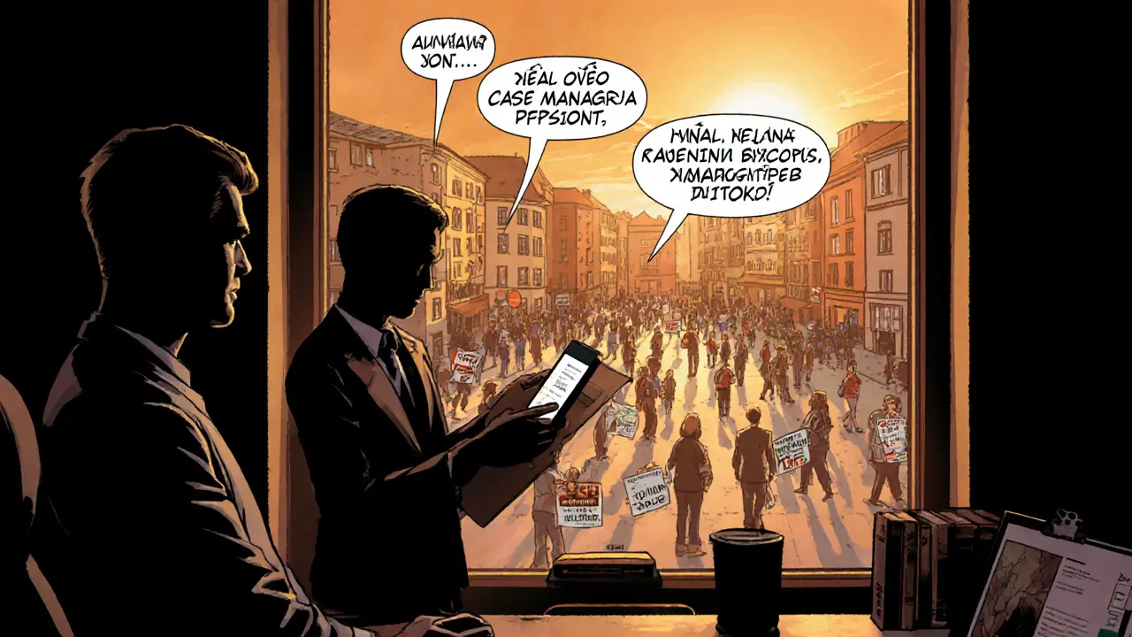 Osoba používá aplikaci Duševní komunita, vedle ní case‑manager, v pozadí slunečný městský život.