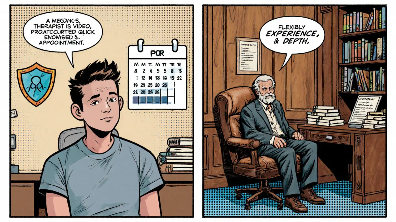 Porovnání juniorního a seniorního terapeuta v dvou panelových scénách s výhodami a nevýhodami.