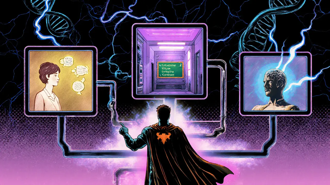 Postava mentora ukazuje tři cesty: KBT, ketaminovou terapii i elektrickou stimulaci mozku.