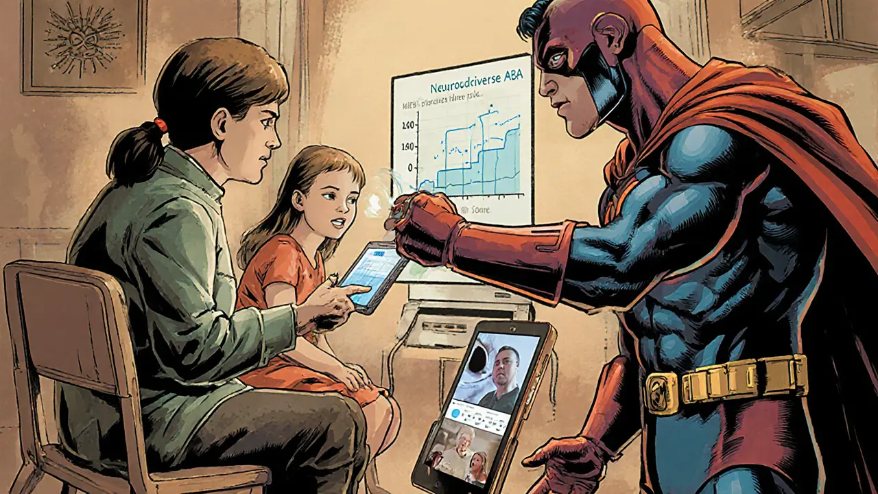 Rodič a terapeut u holografického tabletu s AI grafy, teleterapie a superhrdina chránící dítě.