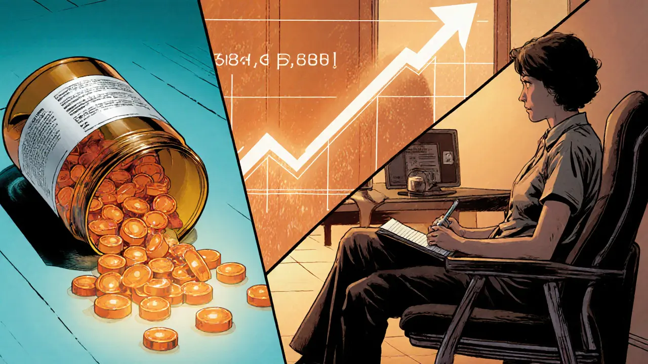 Rozdělený panel ukazuje léky, psychoterapii a kombinaci s grafem naznačujícím 68,4 % remise.