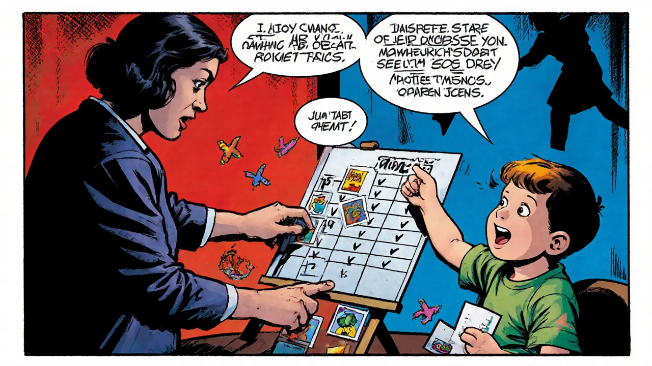 Terapeut provádí DTT a PRT, dítě vybírá obrázek, viditelné pozitivní posílení a data.