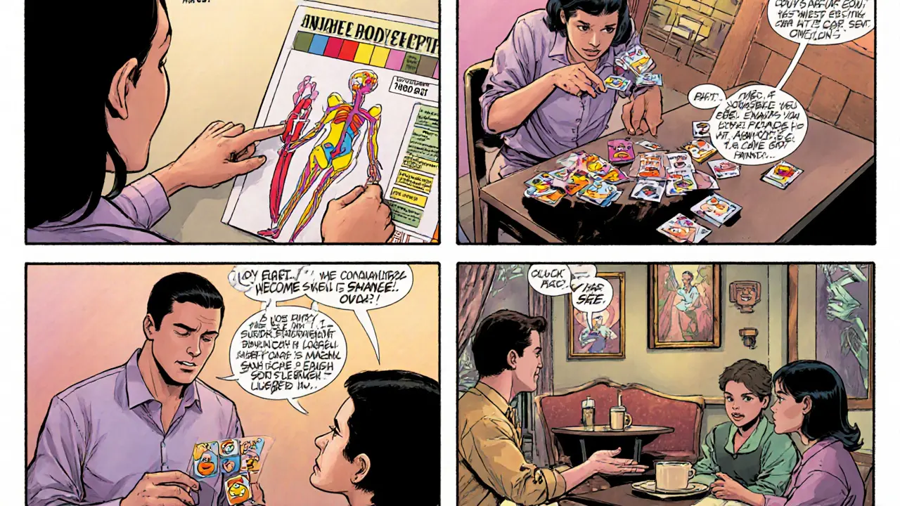 Čtyři panely ukazují fáze terapie: výuka těla, rozpoznávání emocí, role‑play v kavárně, aplikace v reálném životě.