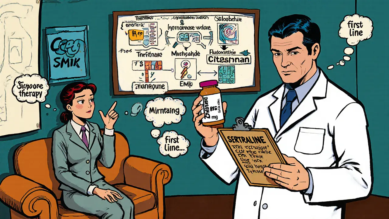 Doktor předává SSRI tabletu, terapeut ukazuje CBT a EMDR metody.