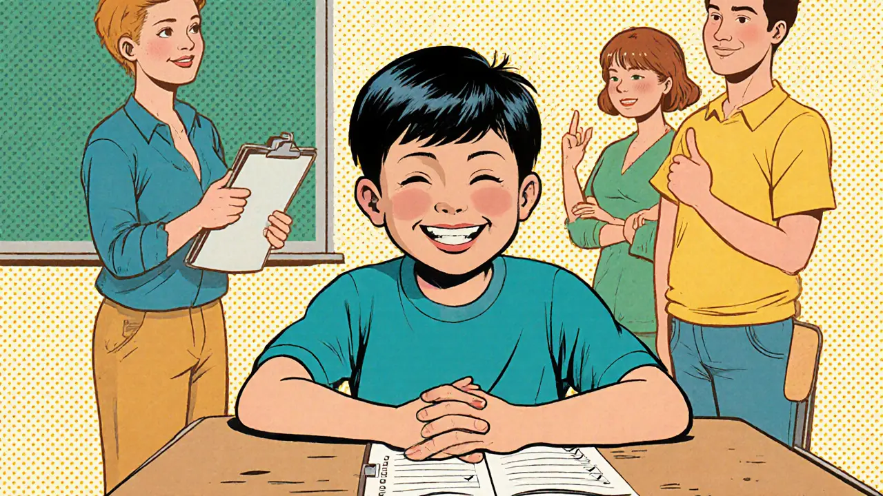 Klidné dítě sedí v lavici, rodiče sledují poznámky v senzorickém deníku, v pozadí učitel.