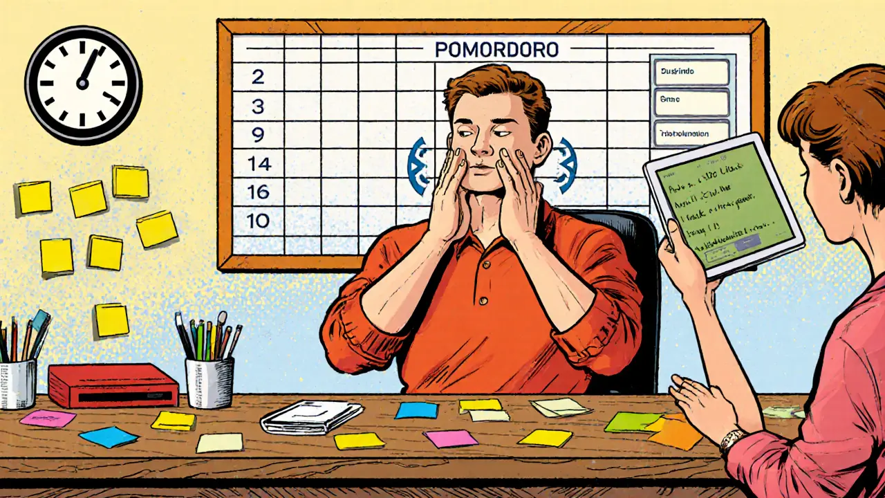 Klient používá time‑blocking tabuli, sticky notes a pomalu dýchá během cvičení regulace emocí.