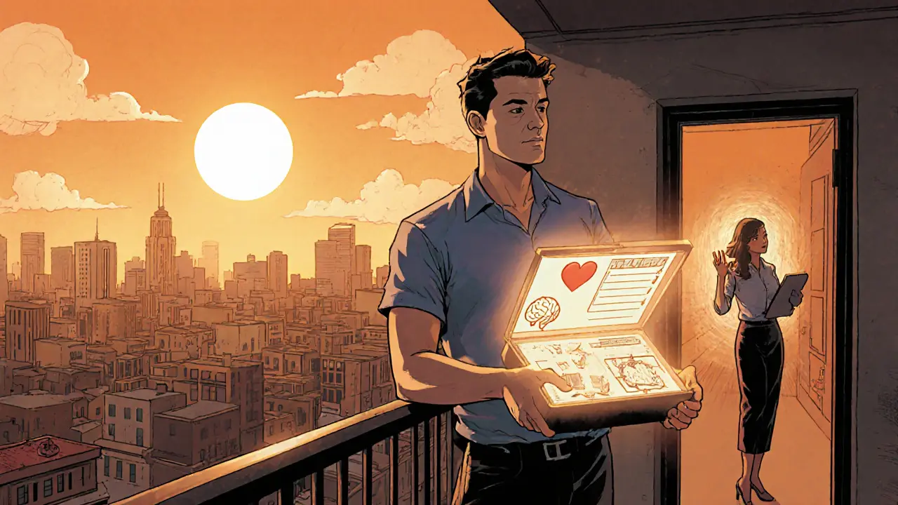 Sebevědomý dospělý s “toolboxem” technik, kontroluje plán na kalendáři, s terapeutem v pozadí.