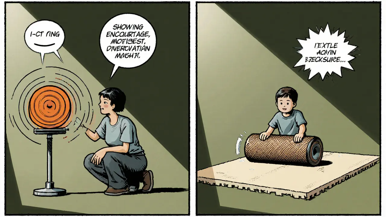 Terapeut s dítětem používá zvukovou kostku a texturovaný válec během desenzitizačního cvičení.