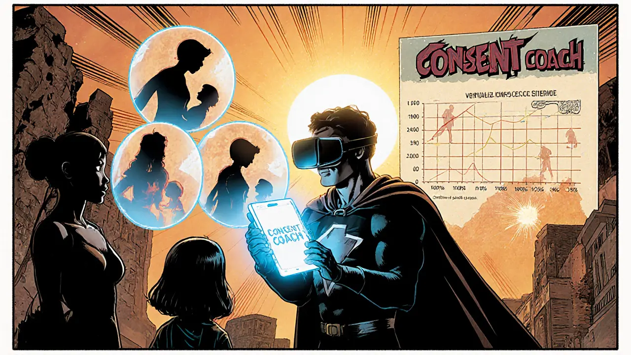 Terapeut v superhrdinské pozici vede rodinu skrze VR simulaci souhlasu, doprovázené grafem úspěšnosti.