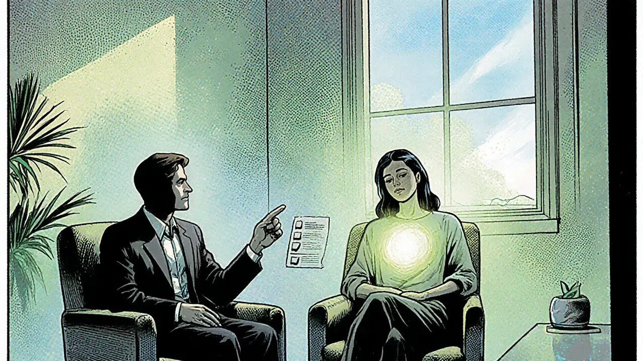 Klient a terapeut v klidném prostoru, vyzařuje pohoda.