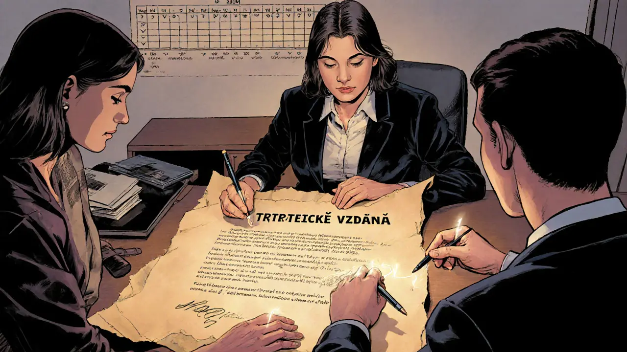 Terapeut sedí s párem, podepisují dokument o kritériích rozhodnutí.