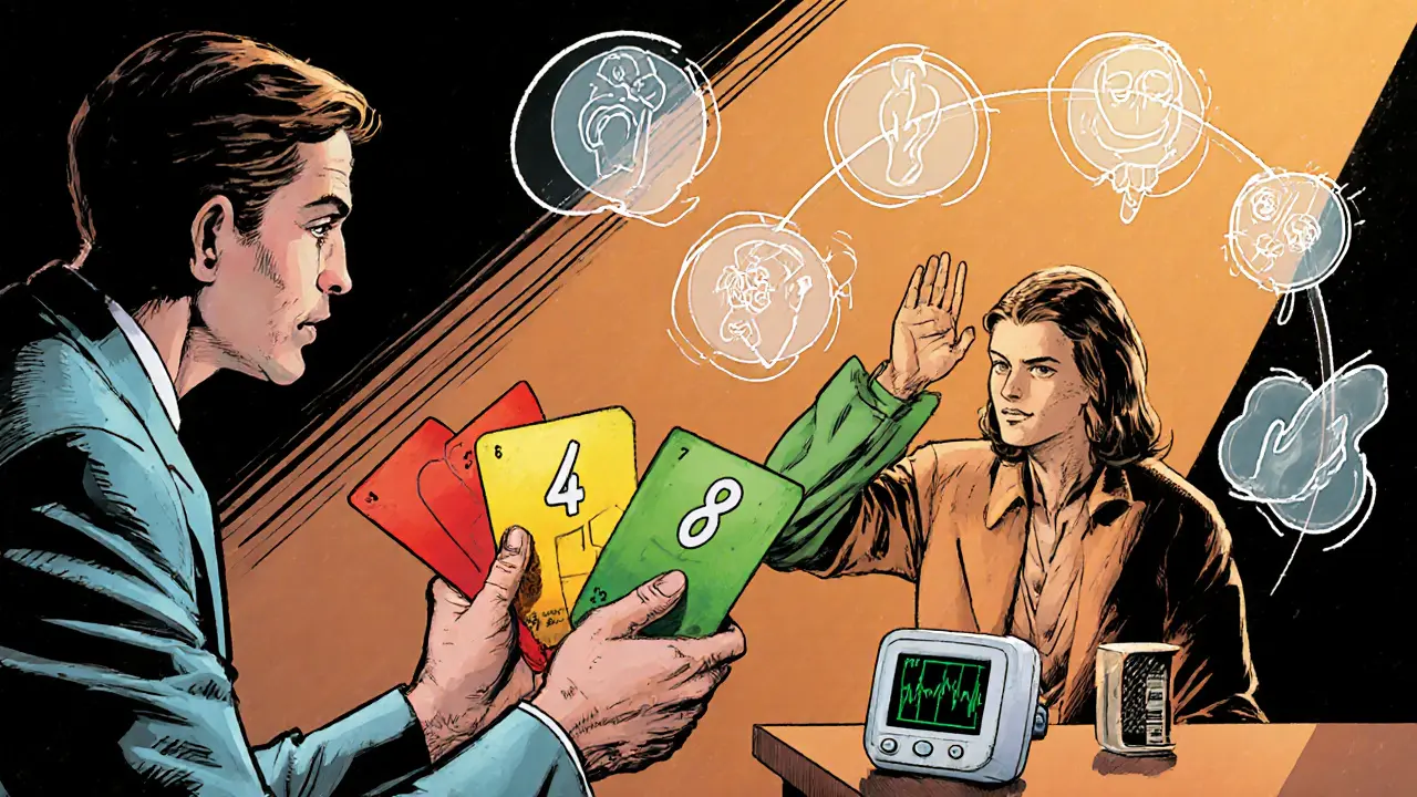 Terapeut ukazuje barevné karty, klient dýchá 4‑7‑8, používá smysly.