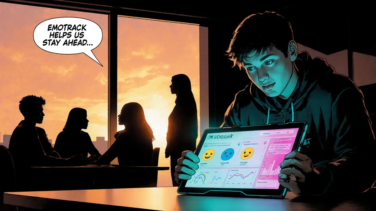 Teenager používá tablet s emočním grafem, za ním probíhá skupinová terapie.