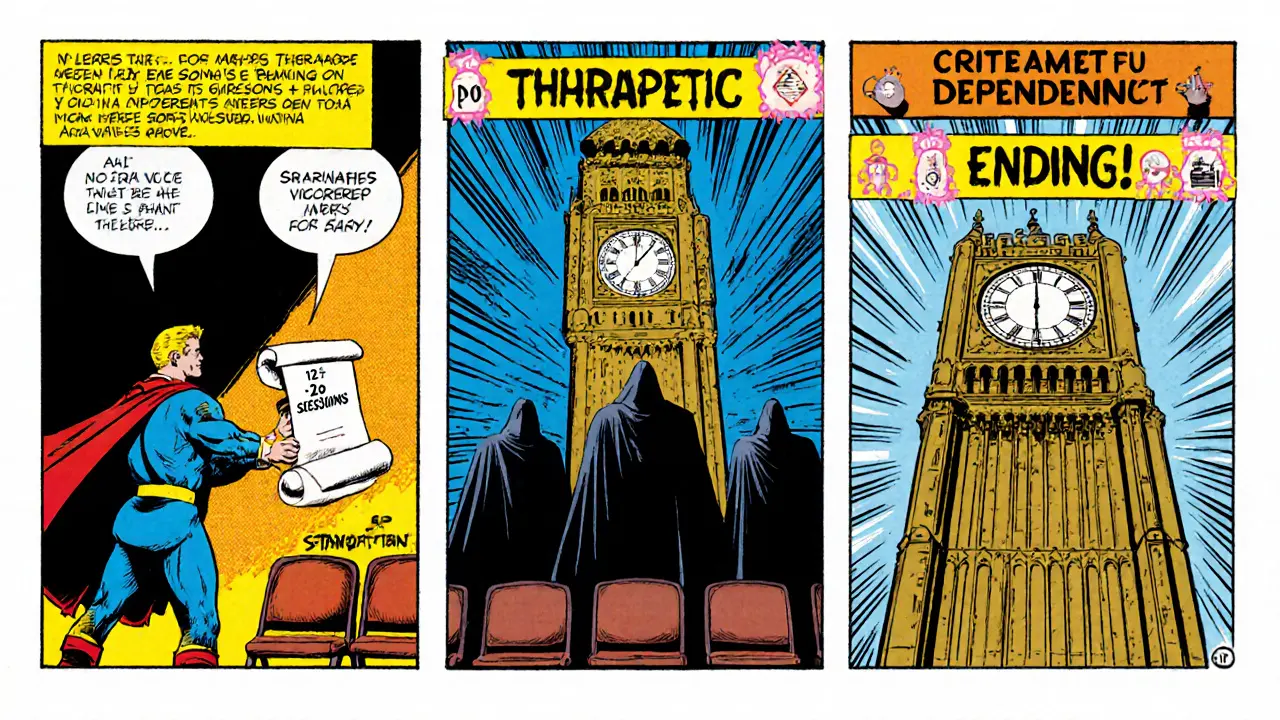 Terapeut jako hrdina s pergamenem o 12‑20 sezeních čelí stínům Stagnace a Závislosti, s vizuálními kritérii ukončení.