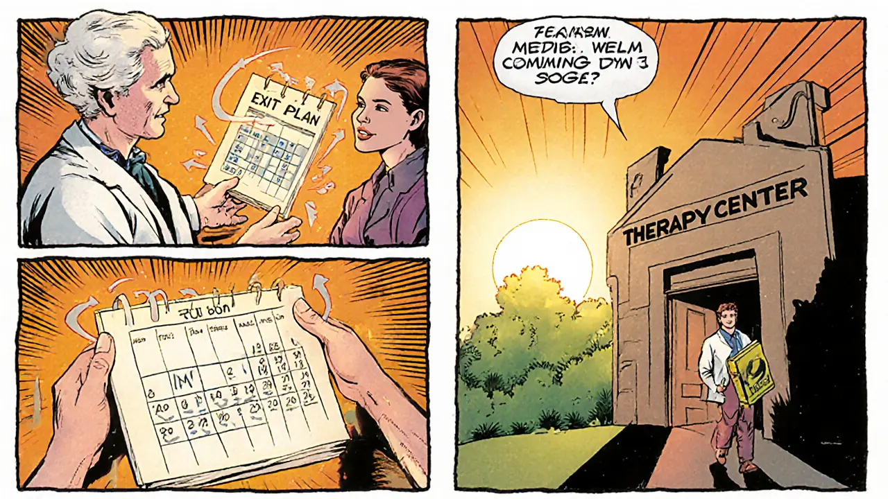 Terapeut předává klientovi plán ukončení, kalendář prodlužuje intervaly setkání a klient odchází do východu slunce.