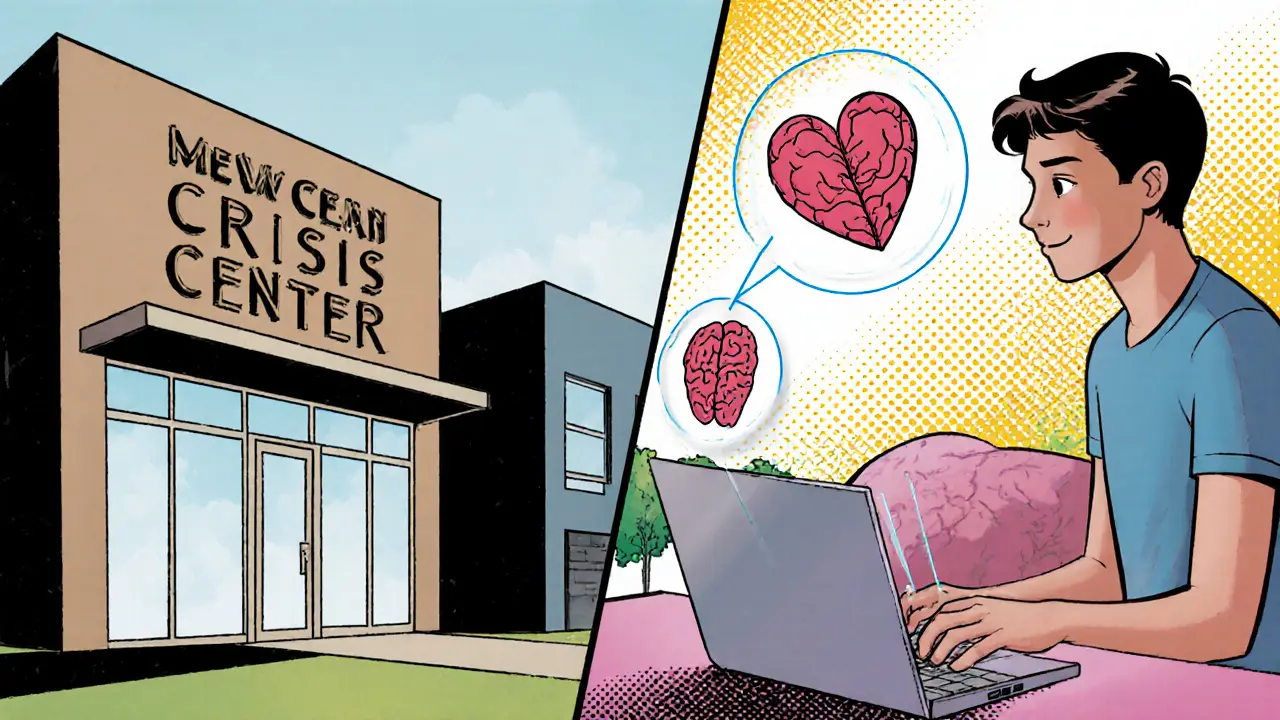 Dva scénáře: krizové centrum a telemedicínské videohovory, ukazují moderní pomoc.