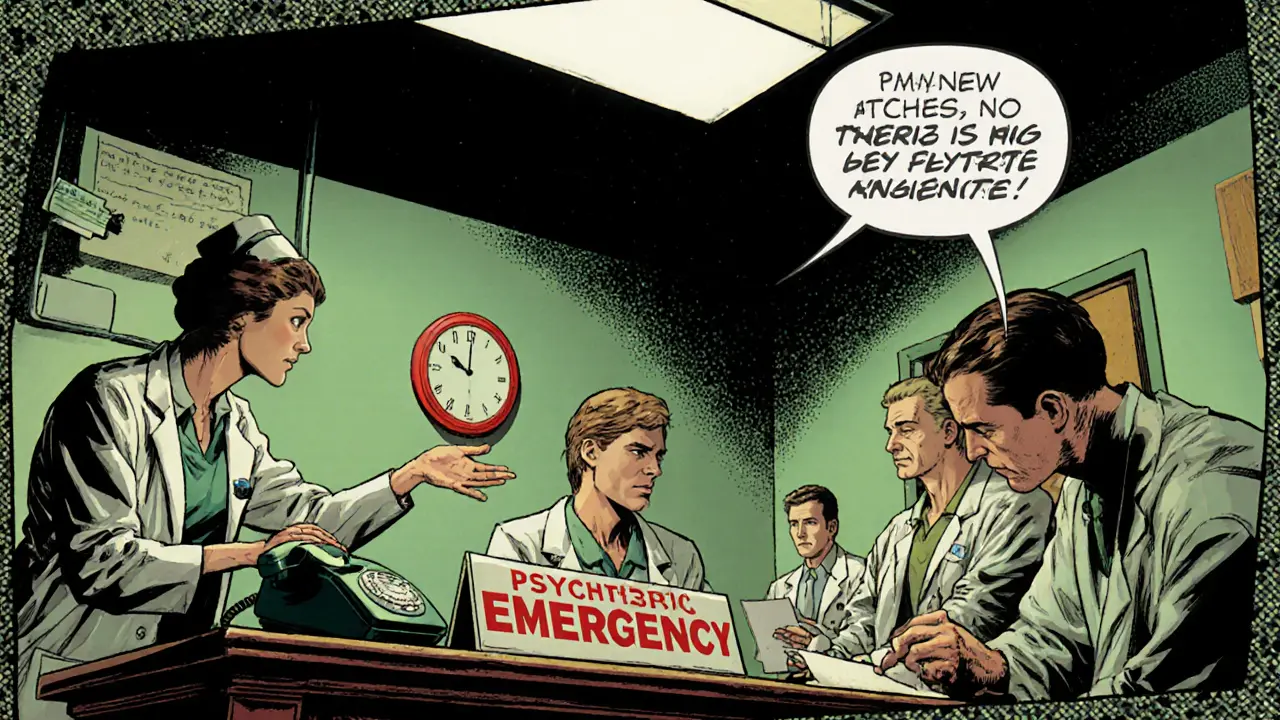 Interiér psychiatrické pohotovosti v české nemocnici, lékař a pacient čekají na vyšetření.