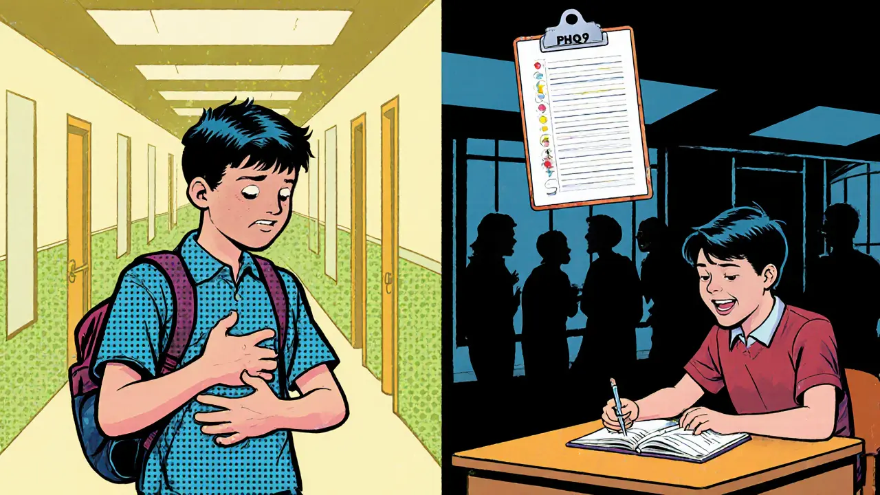 Izolované dítě ve škole, drží břicho a vypadá unaveně.