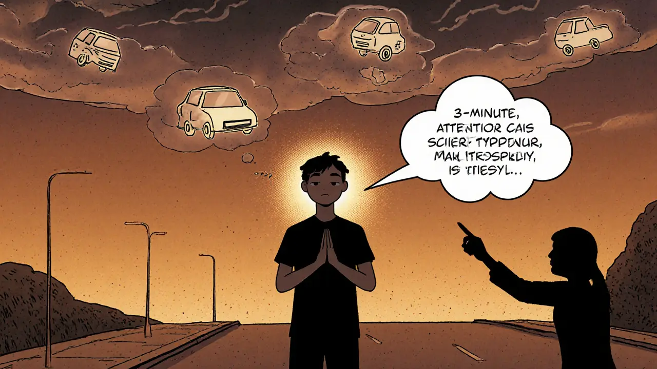 Osoba přemýšlí o autech‑myšlenkách, provádí 3‑minutovou pozornostovou pauzu.