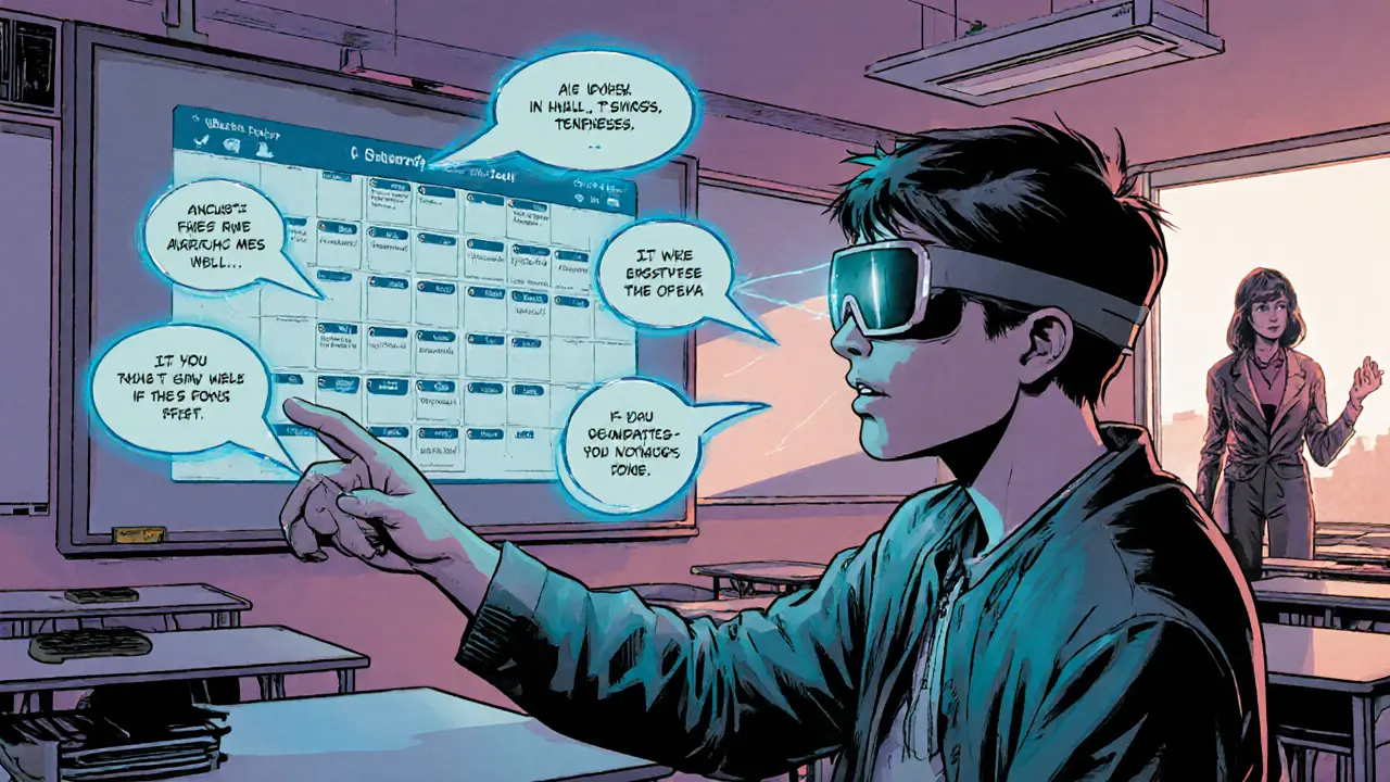 Teenager s AR brýlemi používá AI‑poháněný AAC systém ve třídě.