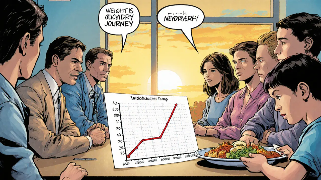 Tým odborníků a rodičů s dítětem u stolu, ukazují rostoucí graf a nadějný výhled.