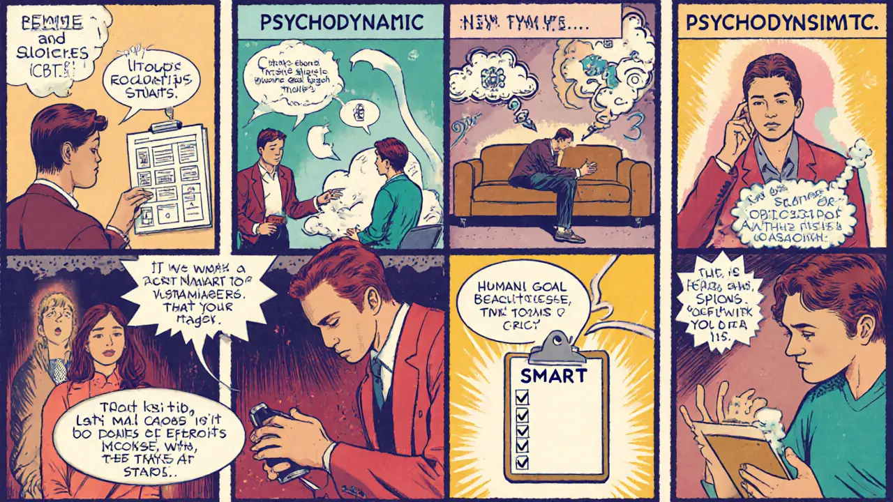 Čtyři panelové zobrazení CBT, psychodynamické, humanistické terapie a SMART cíle.