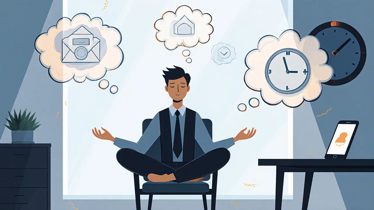 Osoba v kanceláři praktikuje vědomé dýchání, myšlenkové mraky, styl bronzová éra.