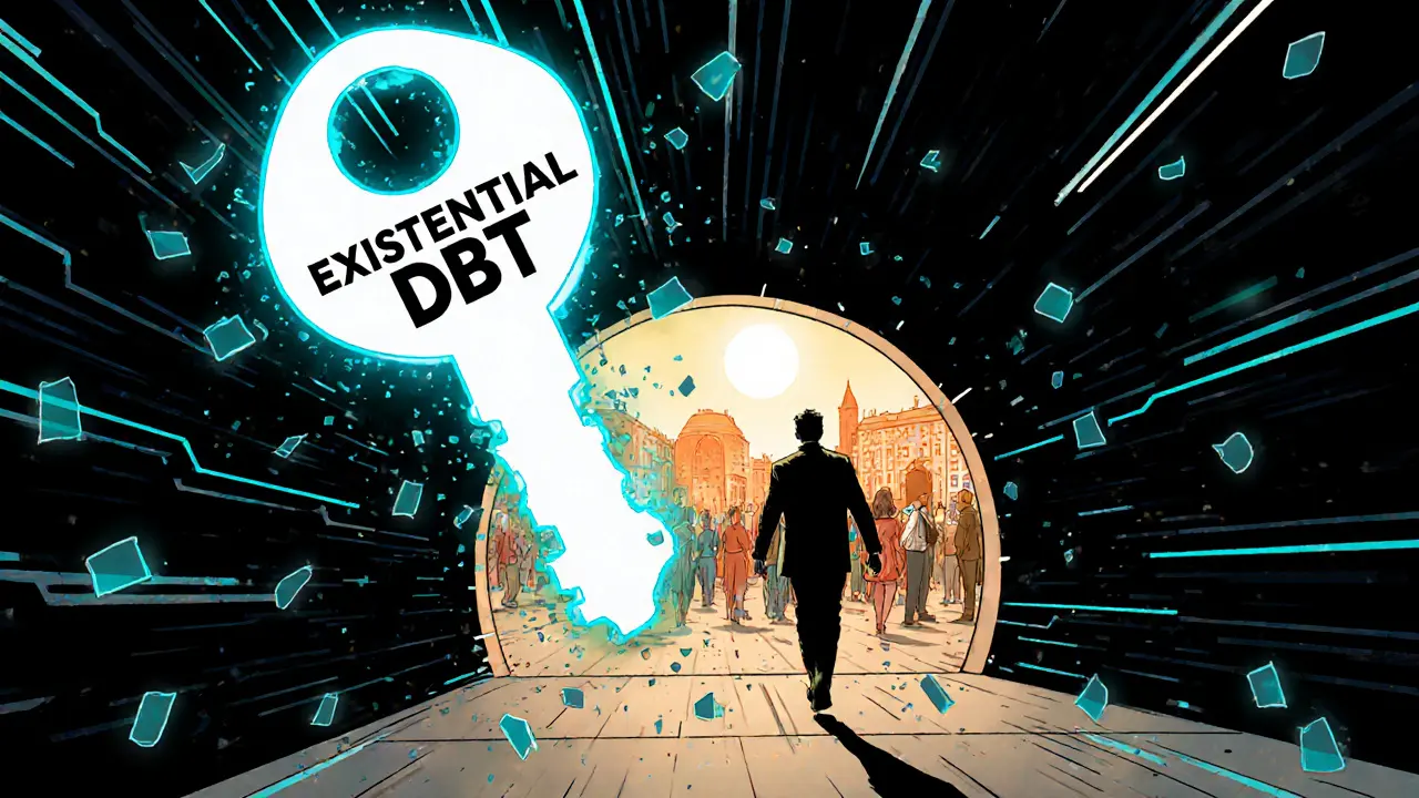 Osoba vychází z temného digitálního tunelu do slunečného prostoru, drží klíč „Existential DBT&quot; symbolizující naději.