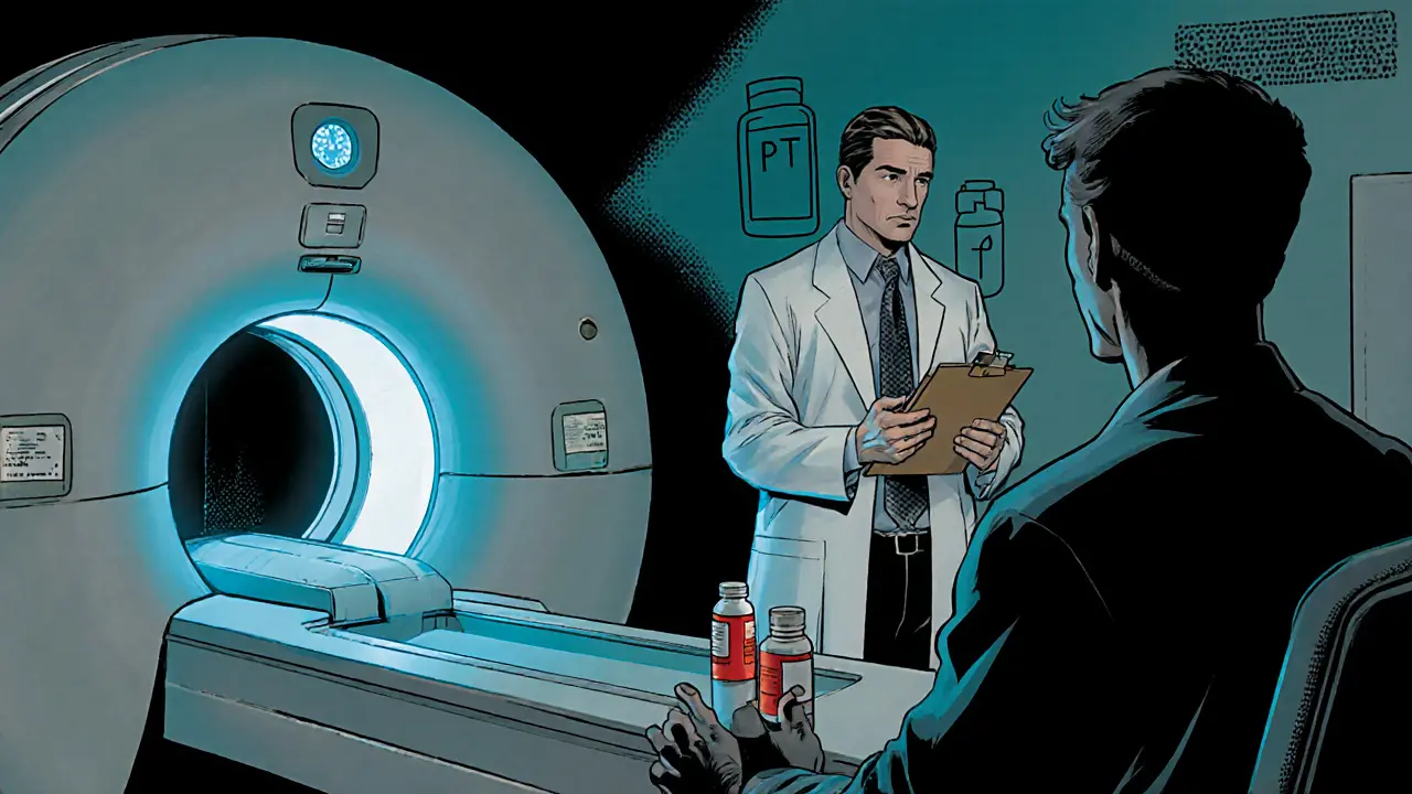 Psychiatr vyšetřuje pacienta u MRI přístroje a předepisuje medikaci.