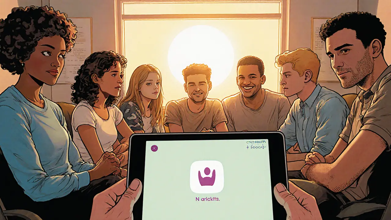 Skupina lidí sedí v kruhu, sluneční svit v pozadí, tablet ukazuje digitální nástroj.