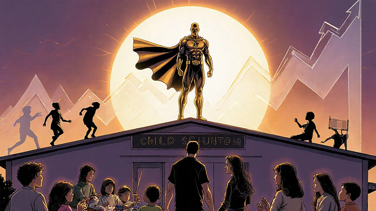 Superhrdina duševního zdraví vede skupinu dětí k aktivitám, jasné barvy, nadějná atmosféra.