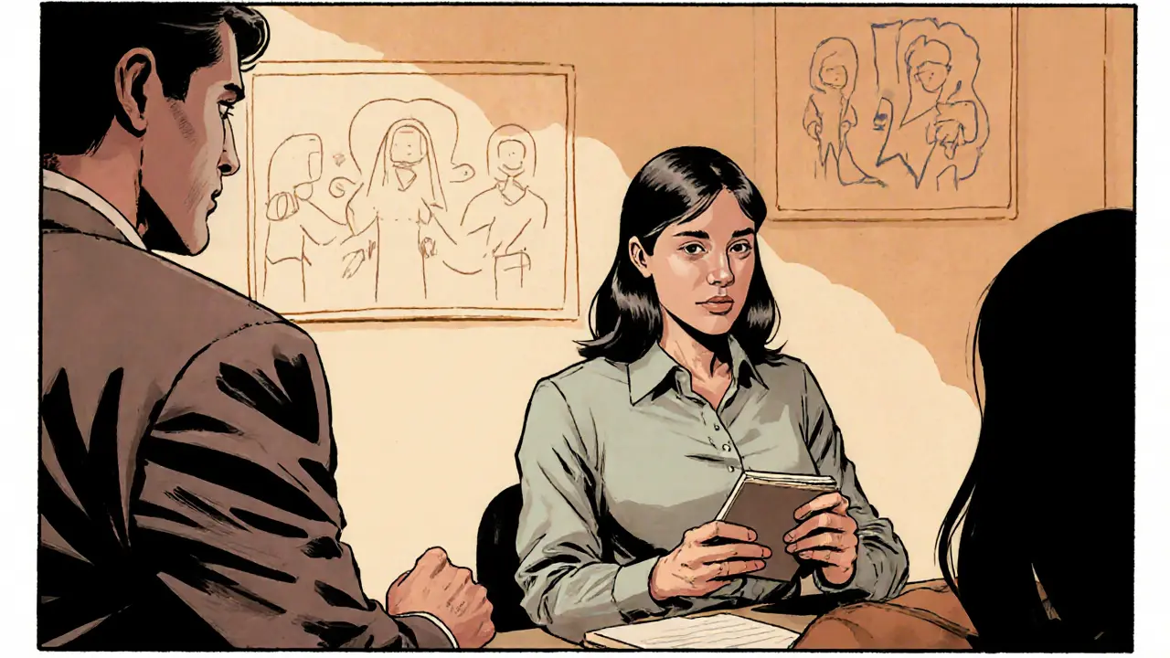 Terapeut a pacient v kanceláři, pacient drží deník myšlenek, provádějí cvičení role‑play.