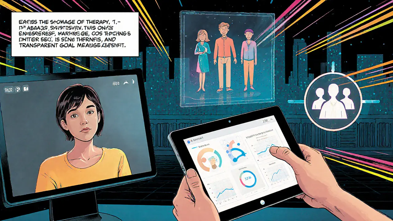 Terapeut na videohovoru, klient používá aplikaci pro sledování nálady a hologramy.