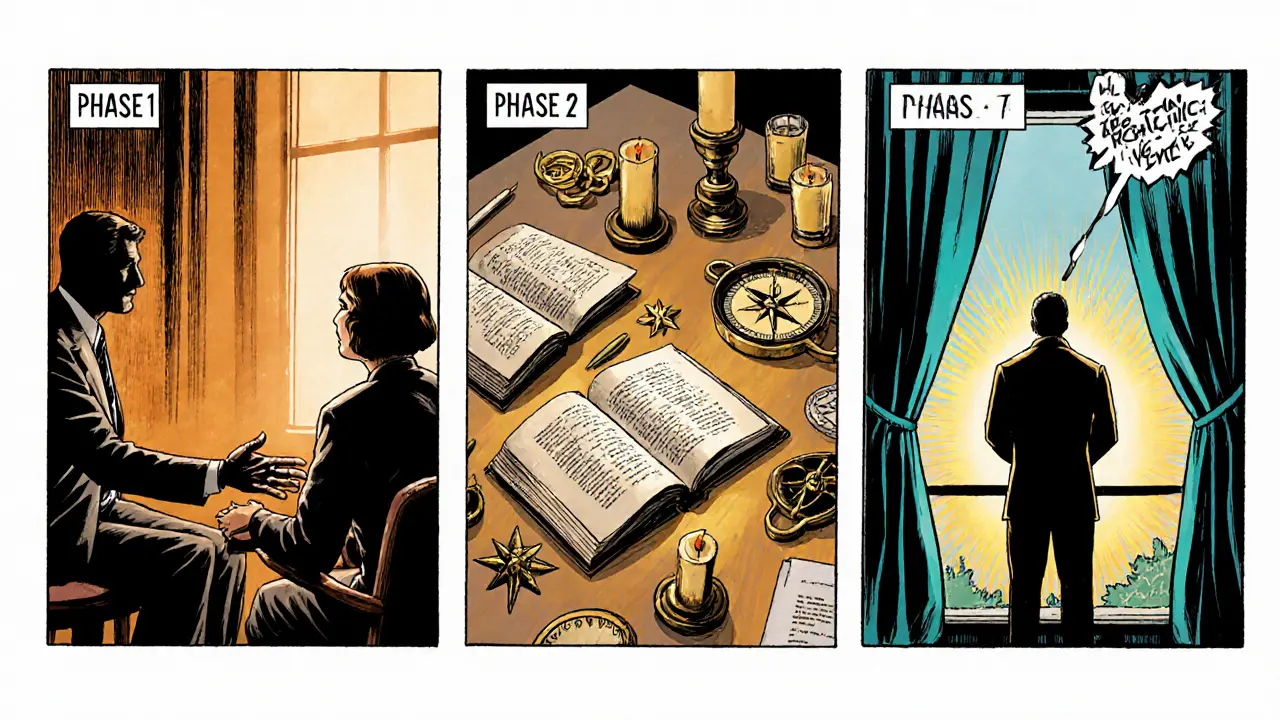 Tři panely ukazují terapeutický proces: bezpečná vazba, hledání smyslu a transformace prázdnoty v energii.