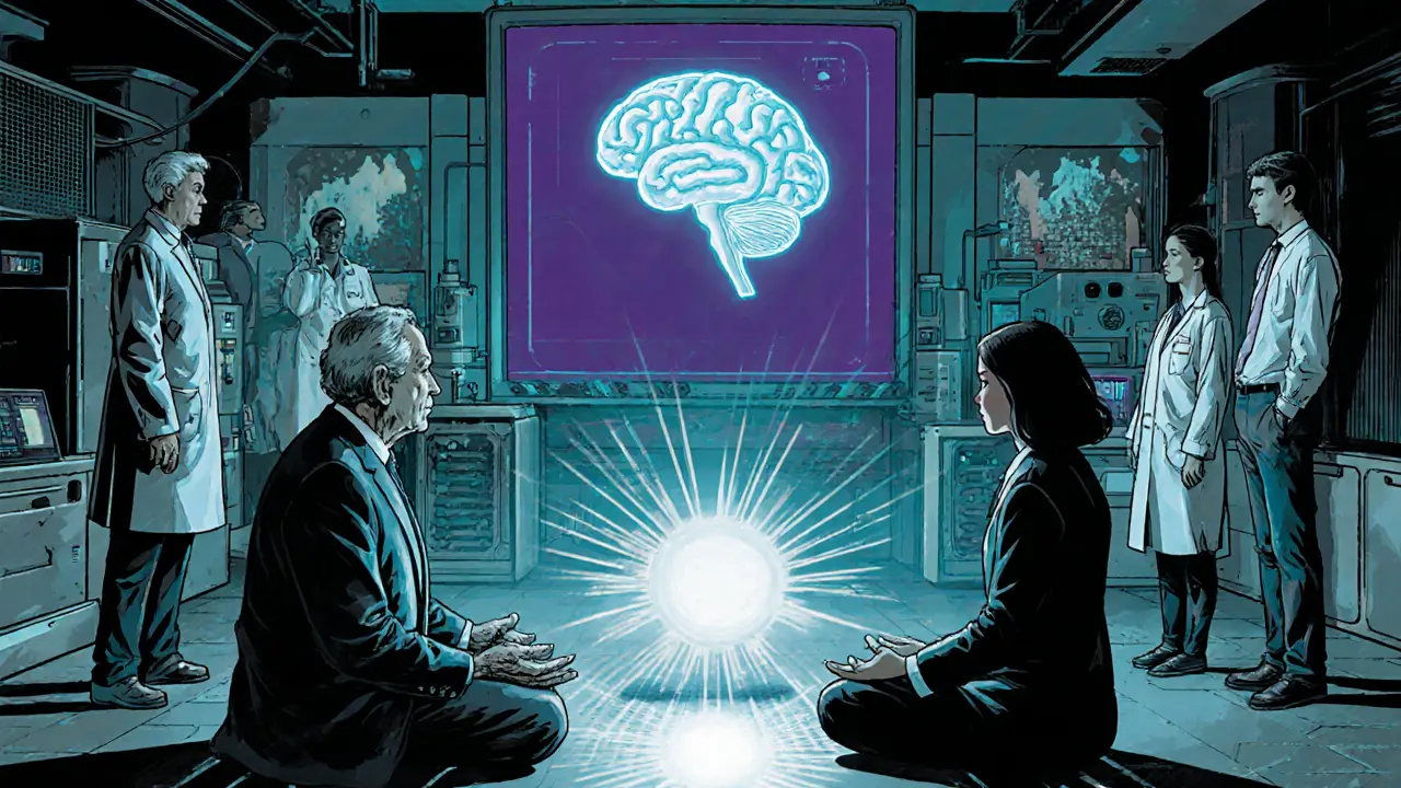 Vědci sledují mozkové změny během meditace, futuristické prostředí, styl bronzová éra.