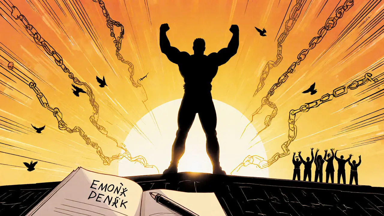 Osoba na střeše vítězoslavně zvedá ruce, řetězy se rozplývají.