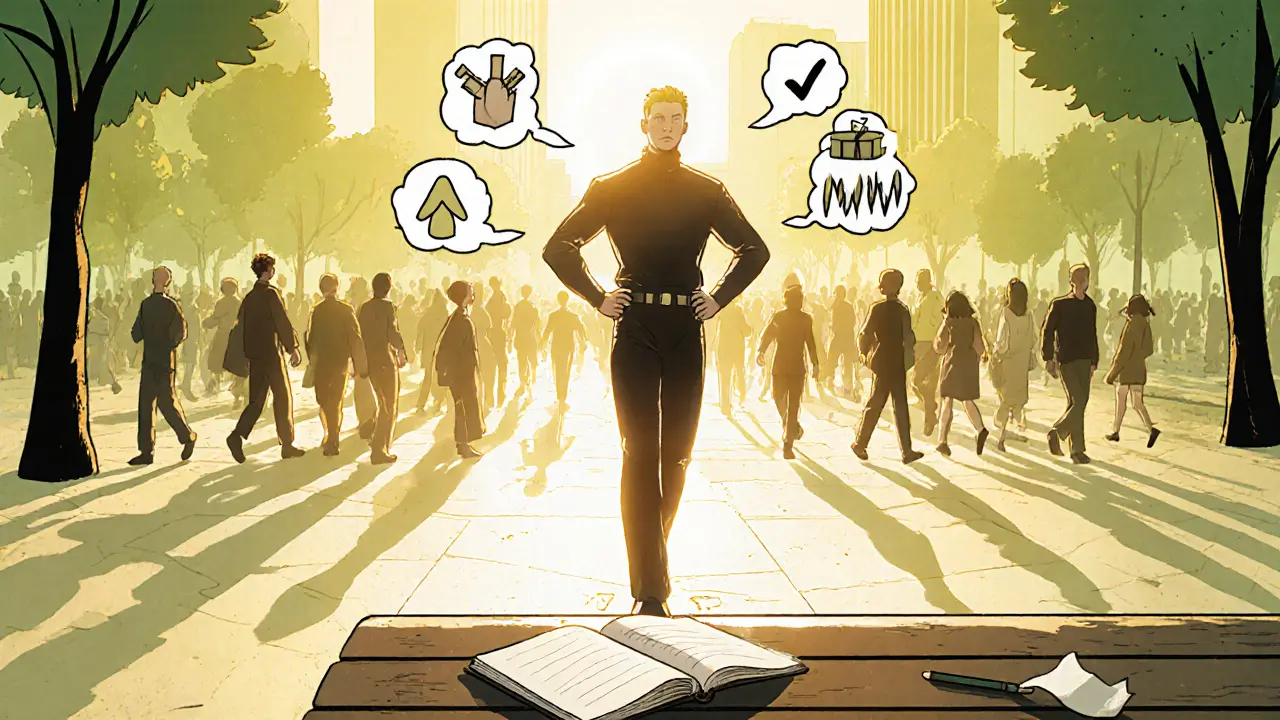 Osoba sebejistě kráčí po rušné náměstí, obklopena symboly klidu a úspěchu.