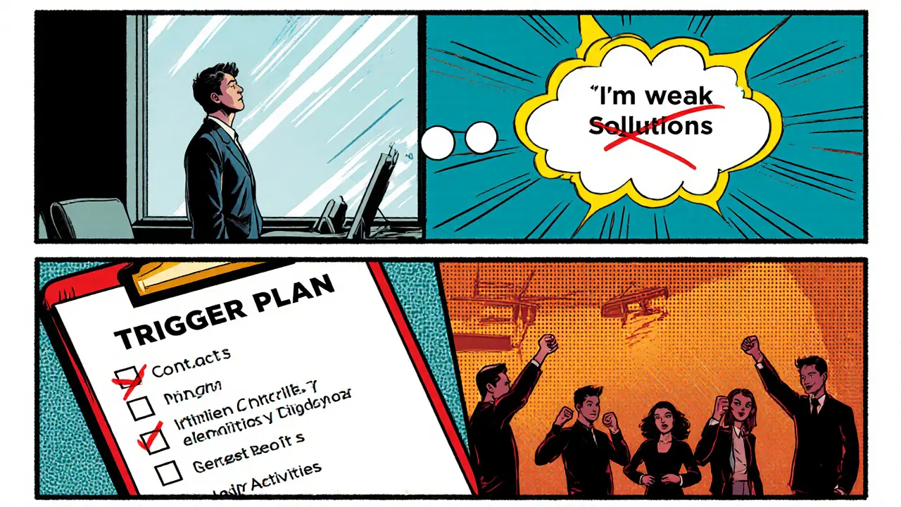 Postava provádí dechové cvičení, přepisuje myšlenky, plánuje kroky a setkává se s podporou skupiny.