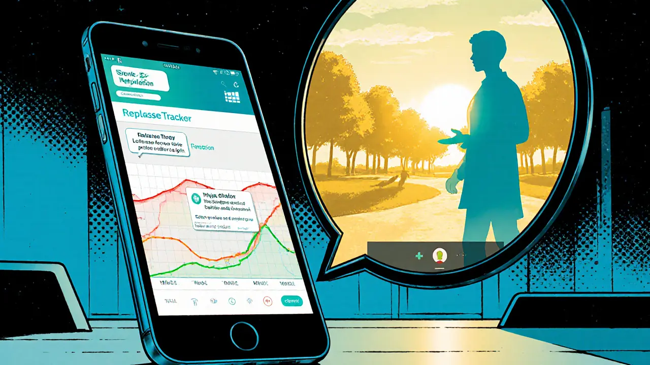 Smartphone s aplikací RelapseTracker, notifikace, terapie a vizualizace úspěšného života.