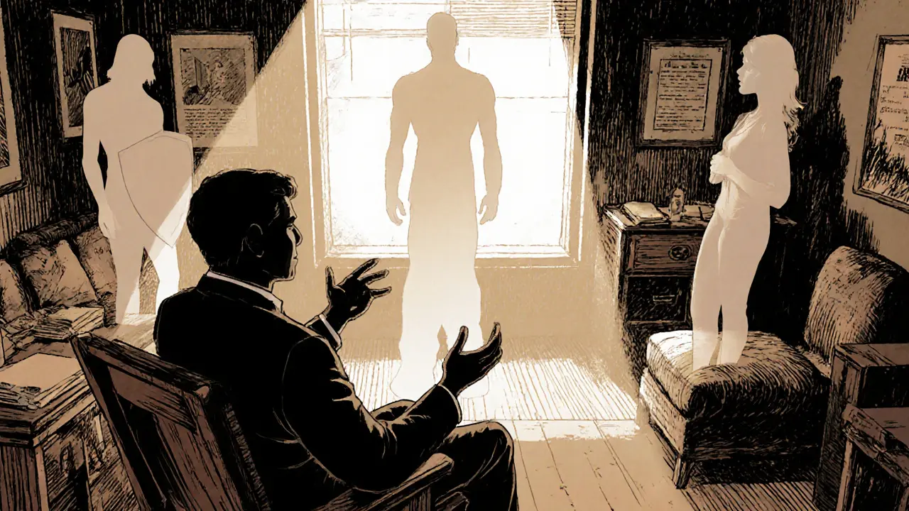 Terapeut a klient v kanceláři, kolem nich se zobrazuje vnitřní dialog částí jako stíny.