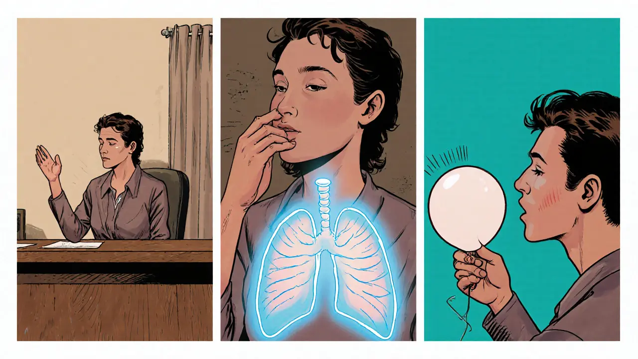 Terapeut a pacient v kanceláři, cvičí dýchání a interoceptivní expozici.