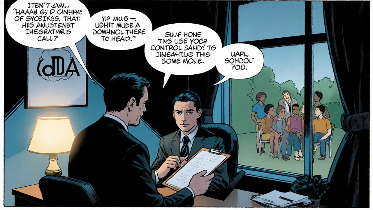 Terapeut vede klienta CBT a mindfulness, myšlenkové bubliny.