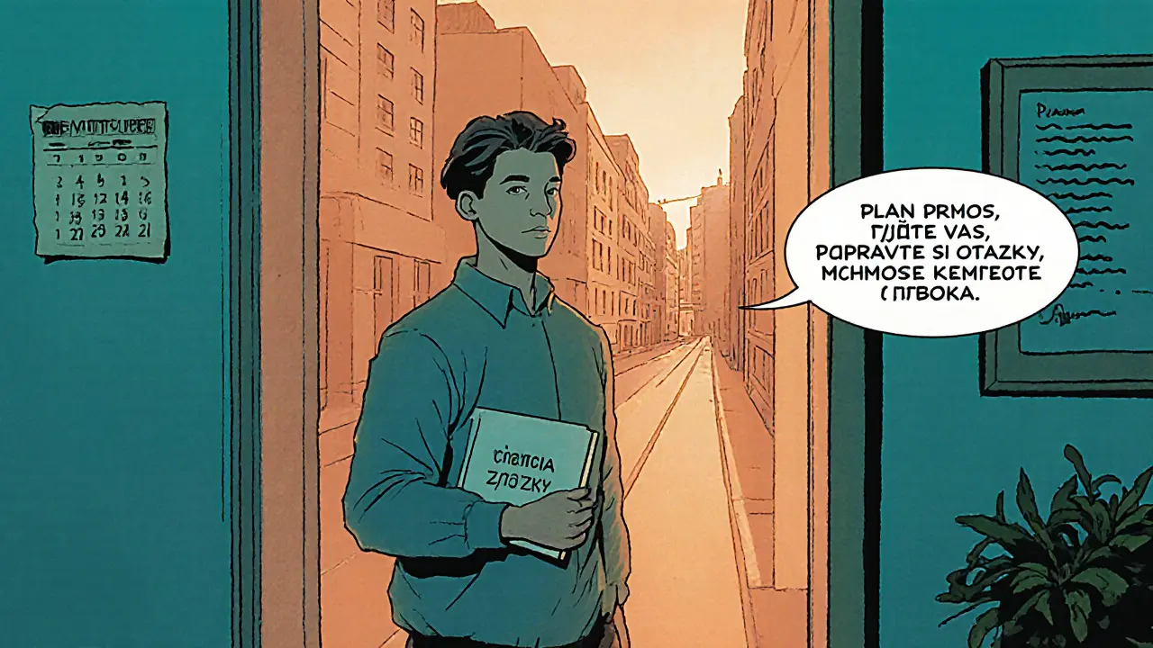 Klient odchází z terapie s notesem a myšlenkovou bublinou s tipy na další setkání.