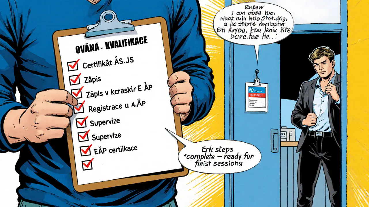 Klient odškrtává kontrolní seznam kroků ověření kvalifikace před první sezením.