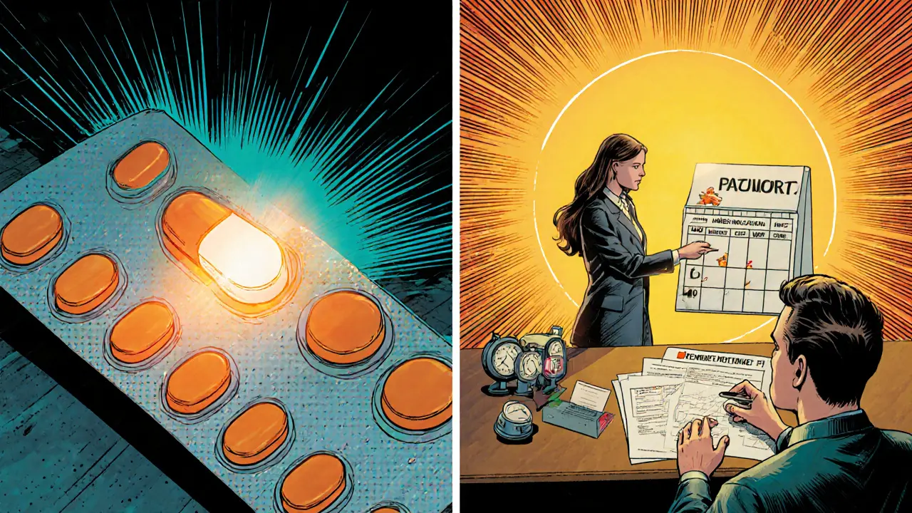 Kombinace pilulky, terapie a uspořádaný kalendář pod jasným východem slunce.