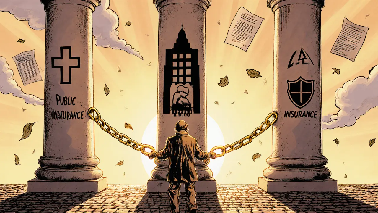 Osoba kráčející po dlážděné ulici s zlatým řetězem spojujícím tři pilíře podpory terapie.