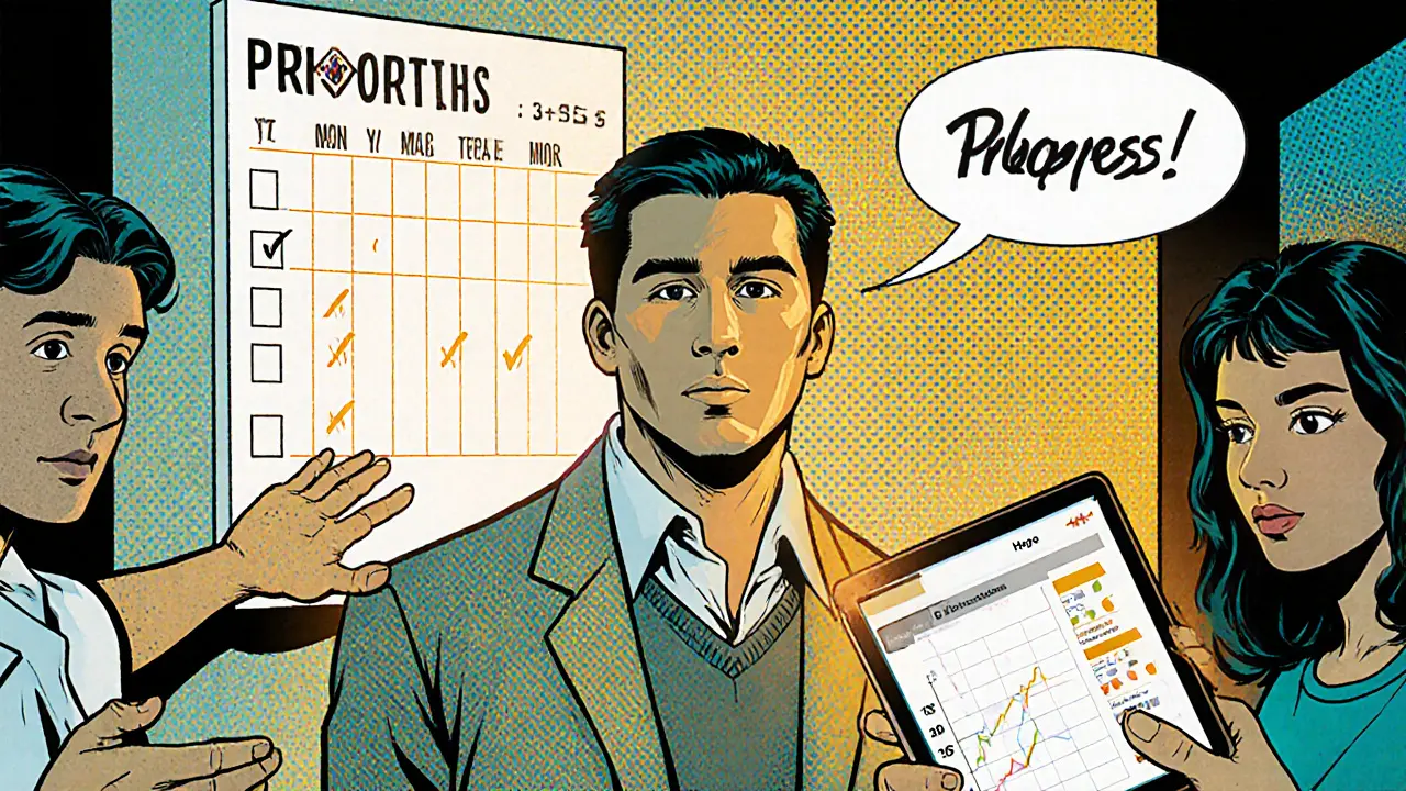 Osoba odchází z kliniky s úsměvem, kalendář označuje 3‑5 měsíců a přátelé ji podporují.