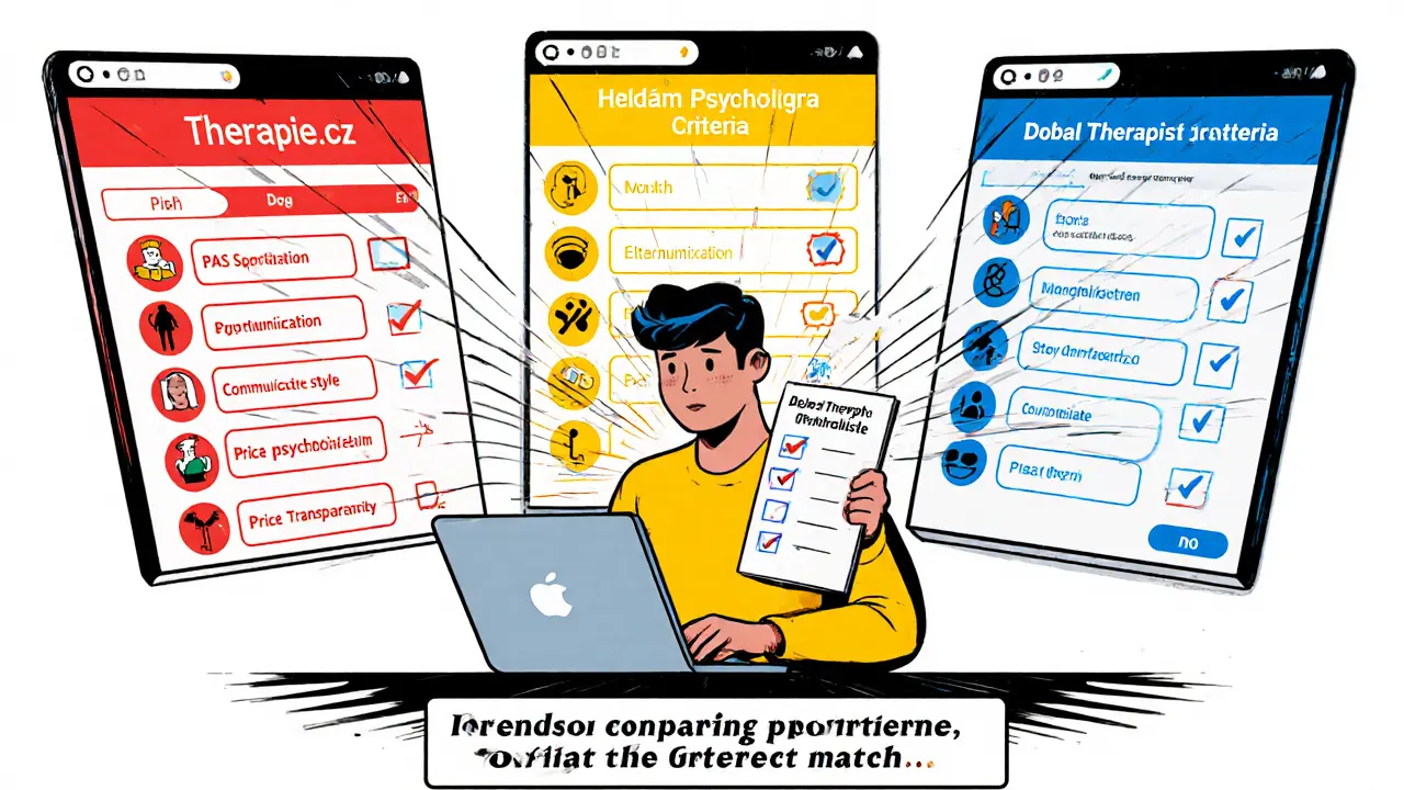 Osoba porovnává tři webové platformy a kontrolní seznam kritérií terapeutů.