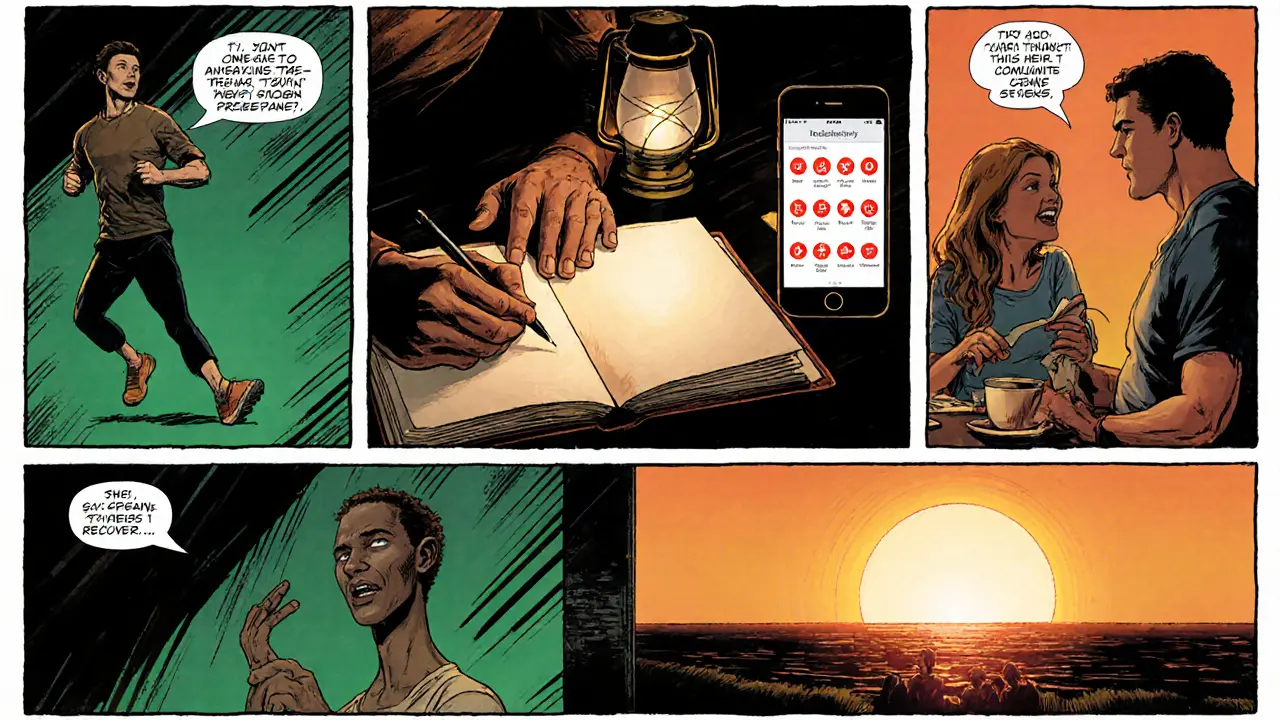 Osoba zapisuje deník, sportuje a má připravený krizový plán, ukazuje dlouhodobé zotavení.